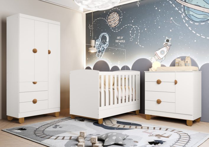 Berço Apollo + Gaveteiro Apollo + Roupeiro 3P Apollo Branco