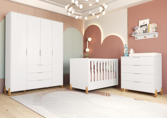 Berço Jade MDF + Gaveteiro Jade + Roupeiro Jade Branco