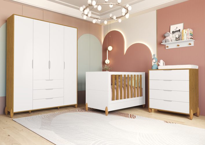 Berço Jade MDF + Gaveteiro Jade + Roupeiro Jade Branco-Cinamomo