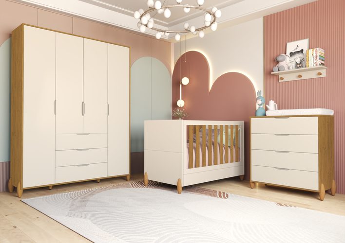 Berço Jade MDF + Gaveteiro Jade + Roupeiro Jade OffWhite-Cinamomo