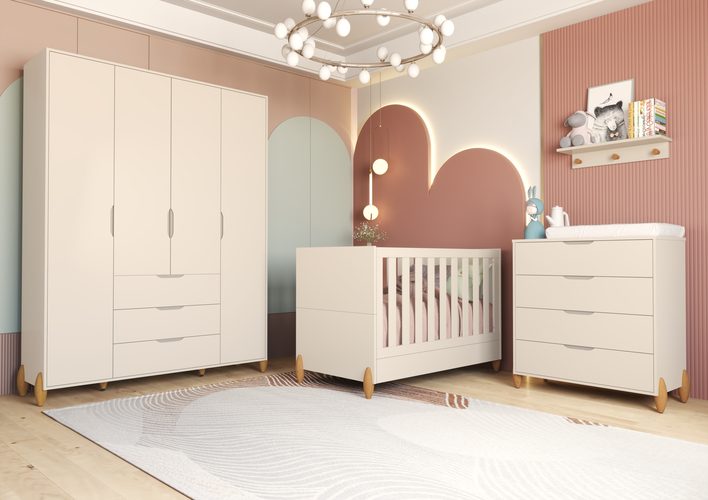 Berço Jade MDF + Gaveteiro Jade + Roupeiro Jade OffWhite