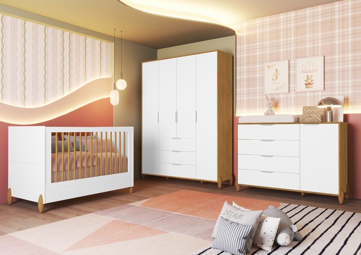 Berço Jade Wood + Cômoda Sapateira Jade + Roupeiro Jade Branco-Cinamomo