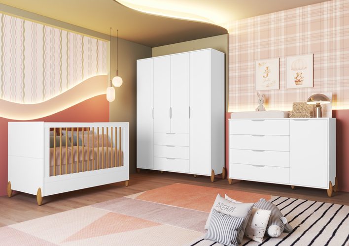 Berço Jade Wood + Cômoda Sapateira Jade + Roupeiro Jade Branco