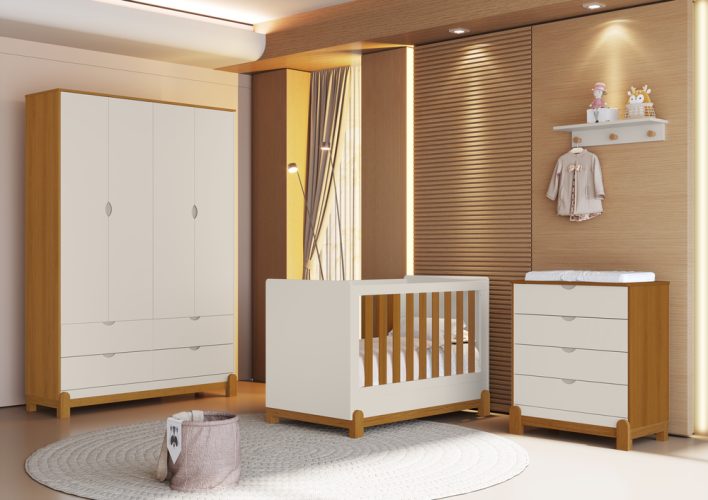 Berço Lotus + Roupeiro Lotus + Cômoda Gaveteiro Lotus Liso Areia-Savana