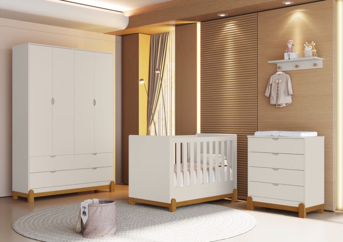 Berço Lotus + Roupeiro Lotus + Cômoda Gaveteiro Lotus Liso Areia