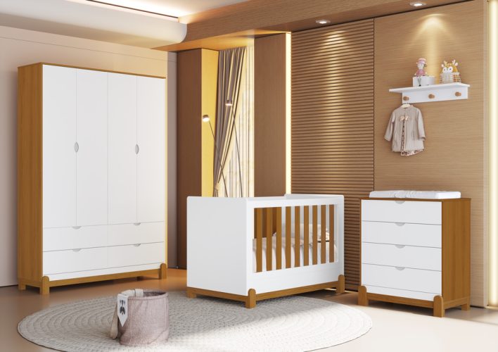 Berço Lotus + Roupeiro Lotus + Cômoda Gaveteiro Lotus Liso Branco-Savana