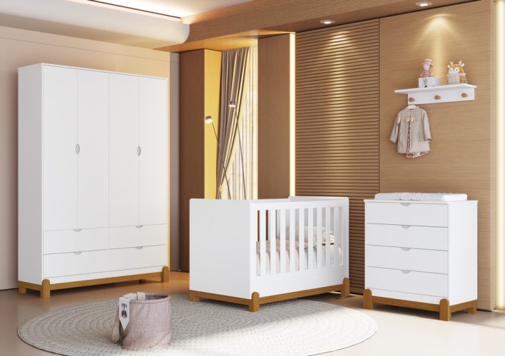 Berço Lotus + Roupeiro Lotus + Cômoda Gaveteiro Lotus Liso Branco