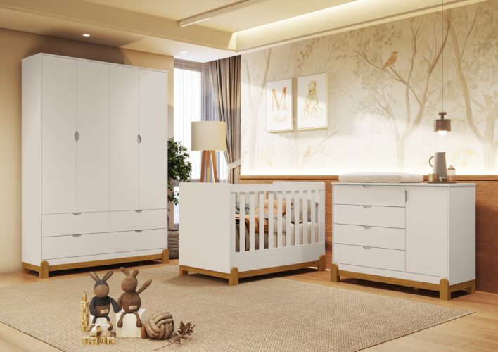 Berço Lotus + Roupeiro Lotus + Cômoda Sapateira Lotus Liso Areia