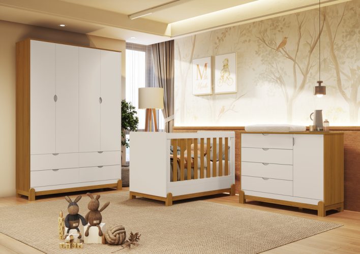 Berço Lotus + Roupeiro Lotus + Cômoda Sapateira Lotus Liso Areia-Savana