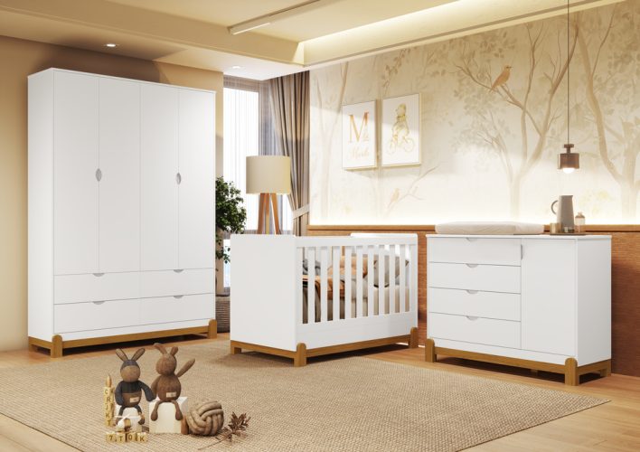 Berço Lotus + Roupeiro Lotus + Cômoda Sapateira Lotus Liso Branco