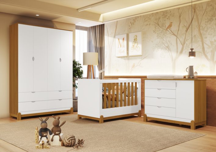 Berço Lotus + Roupeiro Lotus + Cômoda Sapateira Lotus Liso Branco-Savana