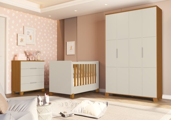 Berço New Luna - Cômoda Gaveteiro Luna - Roupeiro Luna Areia-Savana