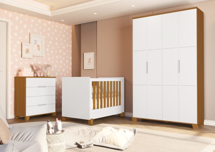 Berço New Luna - Cômoda Gaveteiro Luna - Roupeiro Luna Branco-Savana