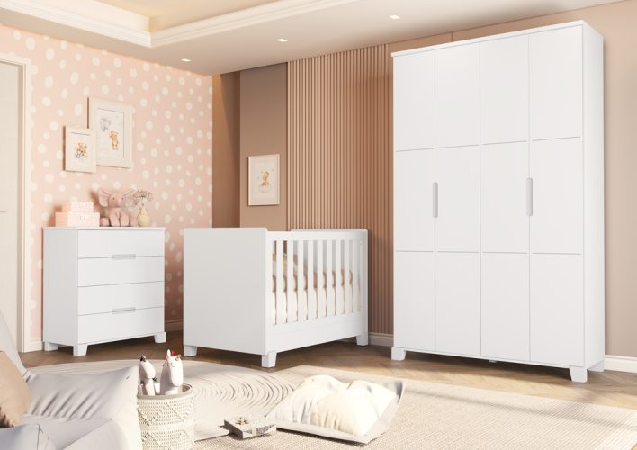 Berço New Luna - Cômoda Gaveteiro Luna - Roupeiro Luna Branco