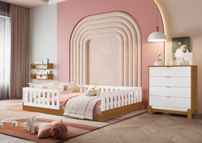 Cama Casal Tera + Cômoda Gaveteiro Lotus Branco-Savana