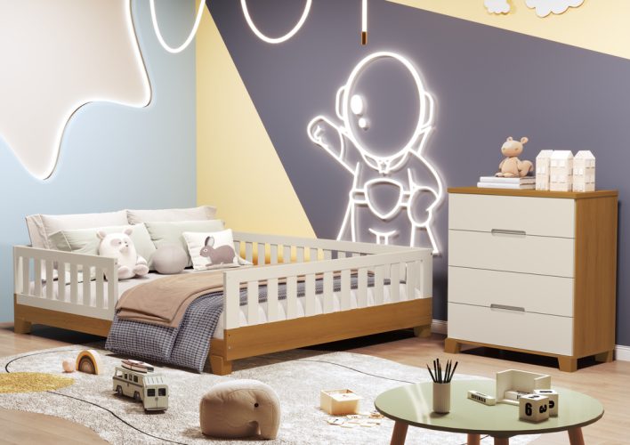 Cama Casal Tera Luna + Cômoda Gaveteiro Luna Areia-Savana