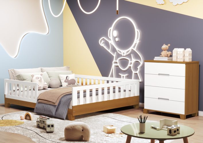 Cama Casal Tera Luna + Cômoda Gaveteiro Luna Branco-Savana