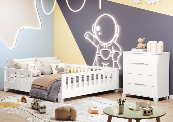 Cama Casal Tera Luna + Cômoda Gaveteiro Luna Branco