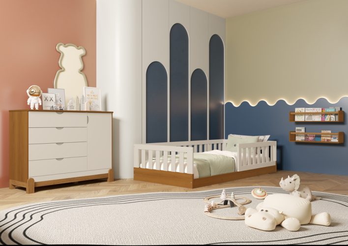 Cama Tera Solteiro Chão + Cômoda Sapateira Lotus Lisa Areia-Savana
