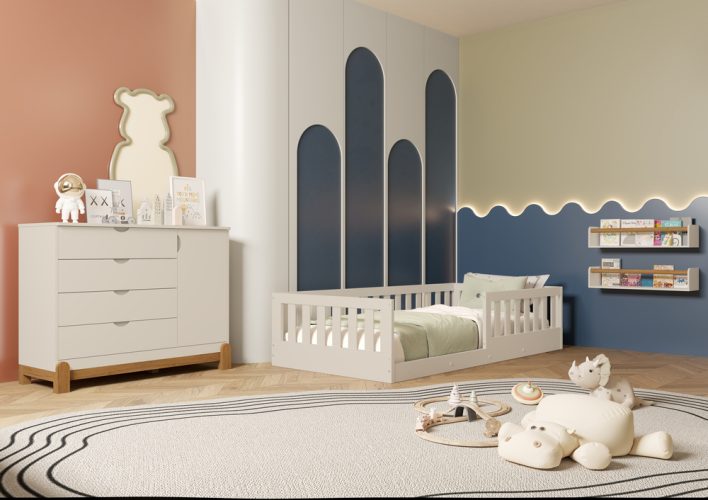 Cama Tera Solteiro Chão + Cômoda Sapateira Lotus Lisa Areia