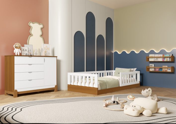 Cama Tera Solteiro Chão + Cômoda Sapateira Lotus Lisa Branco-Savana
