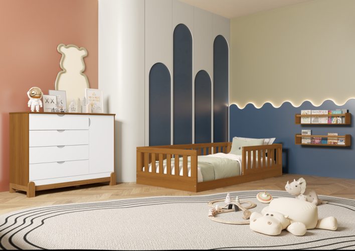 Cama Tera Solteiro Chão + Cômoda Sapateira Lotus Lisa Savana