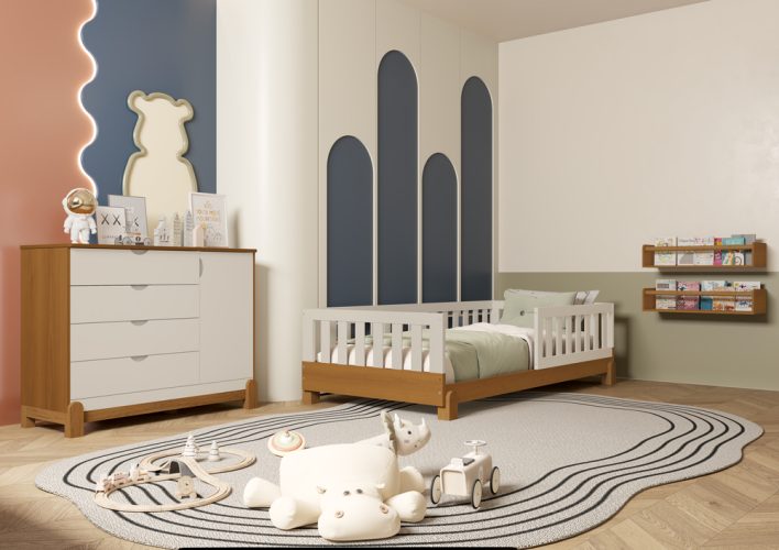 Cama Tera Solteiro Lotus + Cômoda Sapateira Lotus Liso Areia-Savana