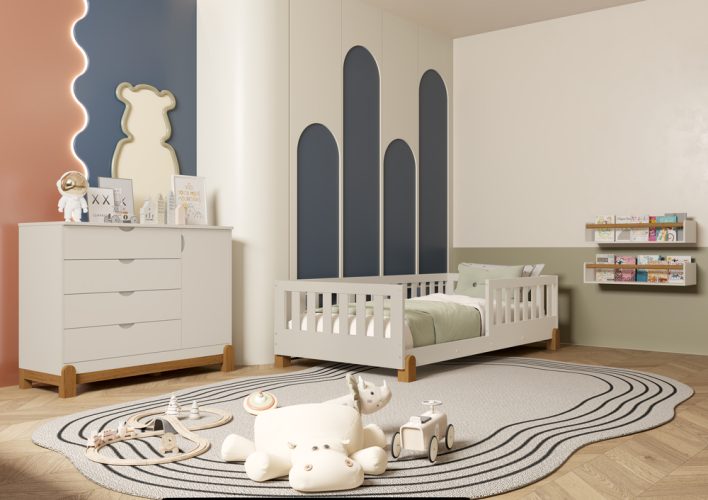 Cama Tera Solteiro Lotus + Cômoda Sapateira Lotus Liso Areia
