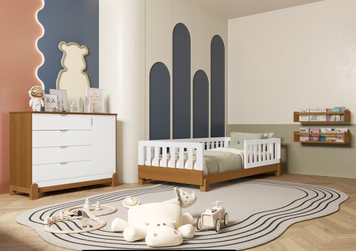Cama Tera Solteiro Lotus + Cômoda Sapateira Lotus Liso Branco-Savana