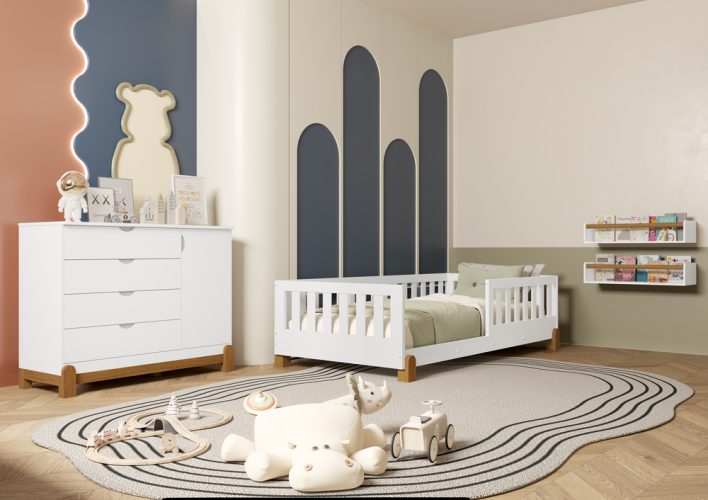 Cama Tera Solteiro Lotus + Cômoda Sapateira Lotus Liso Branco