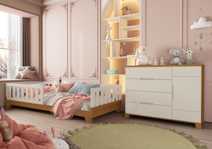 Cama Tera Solteiro Luna + Cômoda Sapateira Luna Areia-Savana
