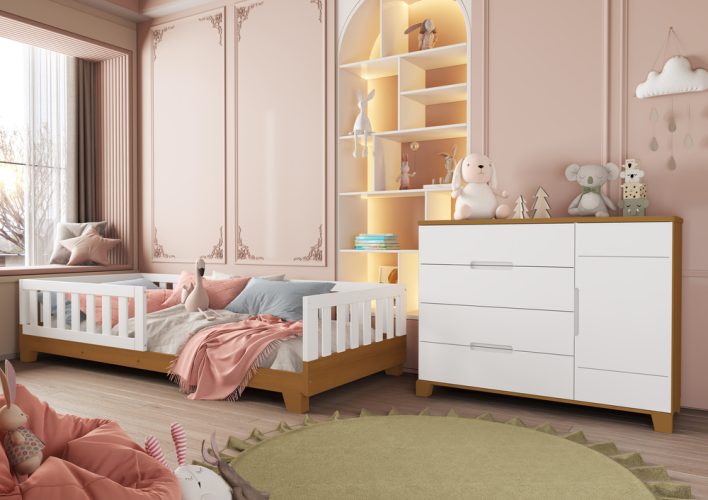Cama Tera Solteiro Luna + Cômoda Sapateira Luna Branco-Savana