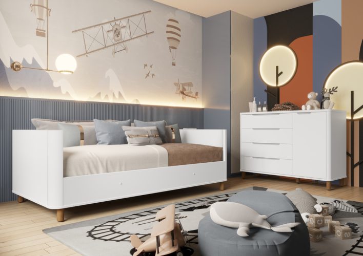 Sofá Cama Boom Nordic + Cômoda Sapateira Boom Nordic Branco